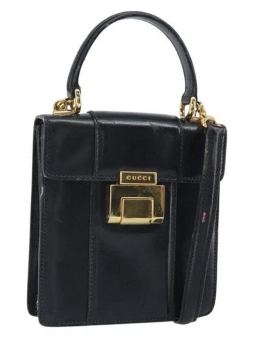 GUCCI Bamboo Hand Bag Leather 2way Black Gold